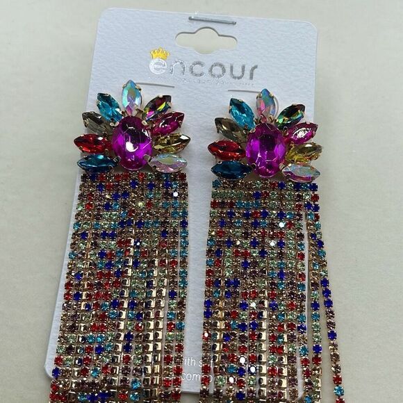 NEW Encour 8” AB multi color  fringe earrings. Special event - Picture 2 of 8